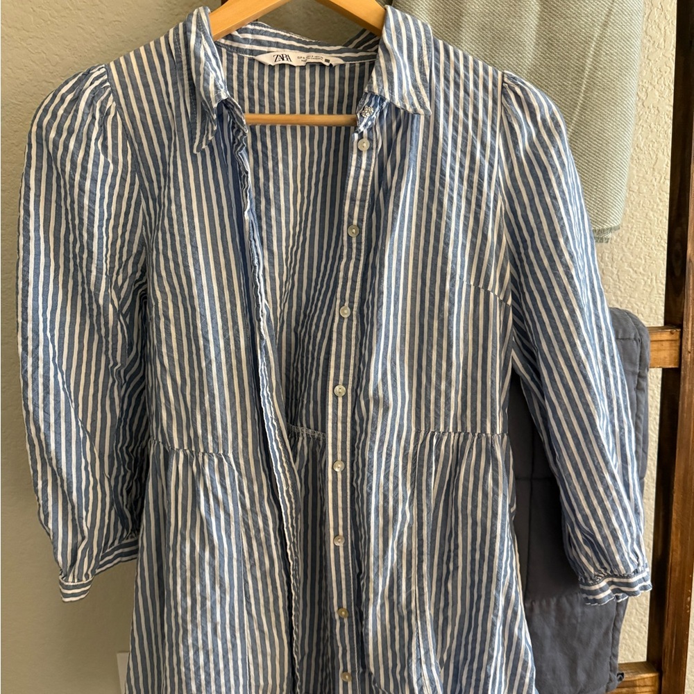 Zara striped blue and white seersucker shirt dress SZ Small